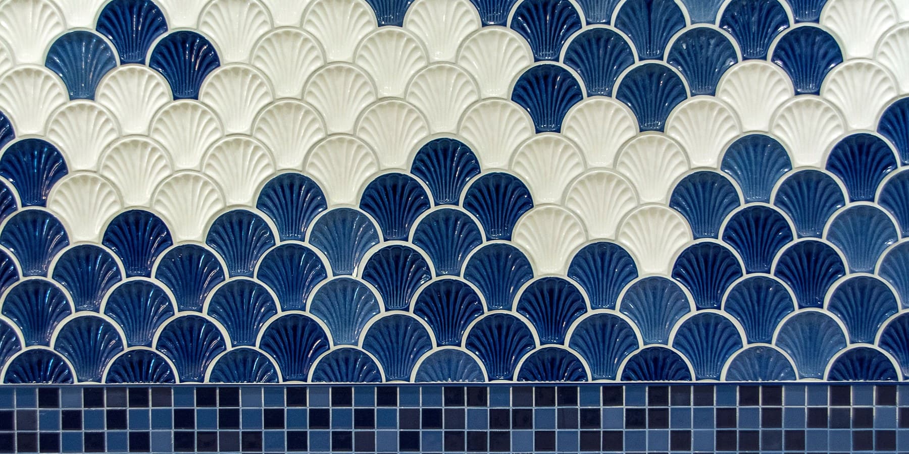 Finished blue and white scallop mosaic tile work