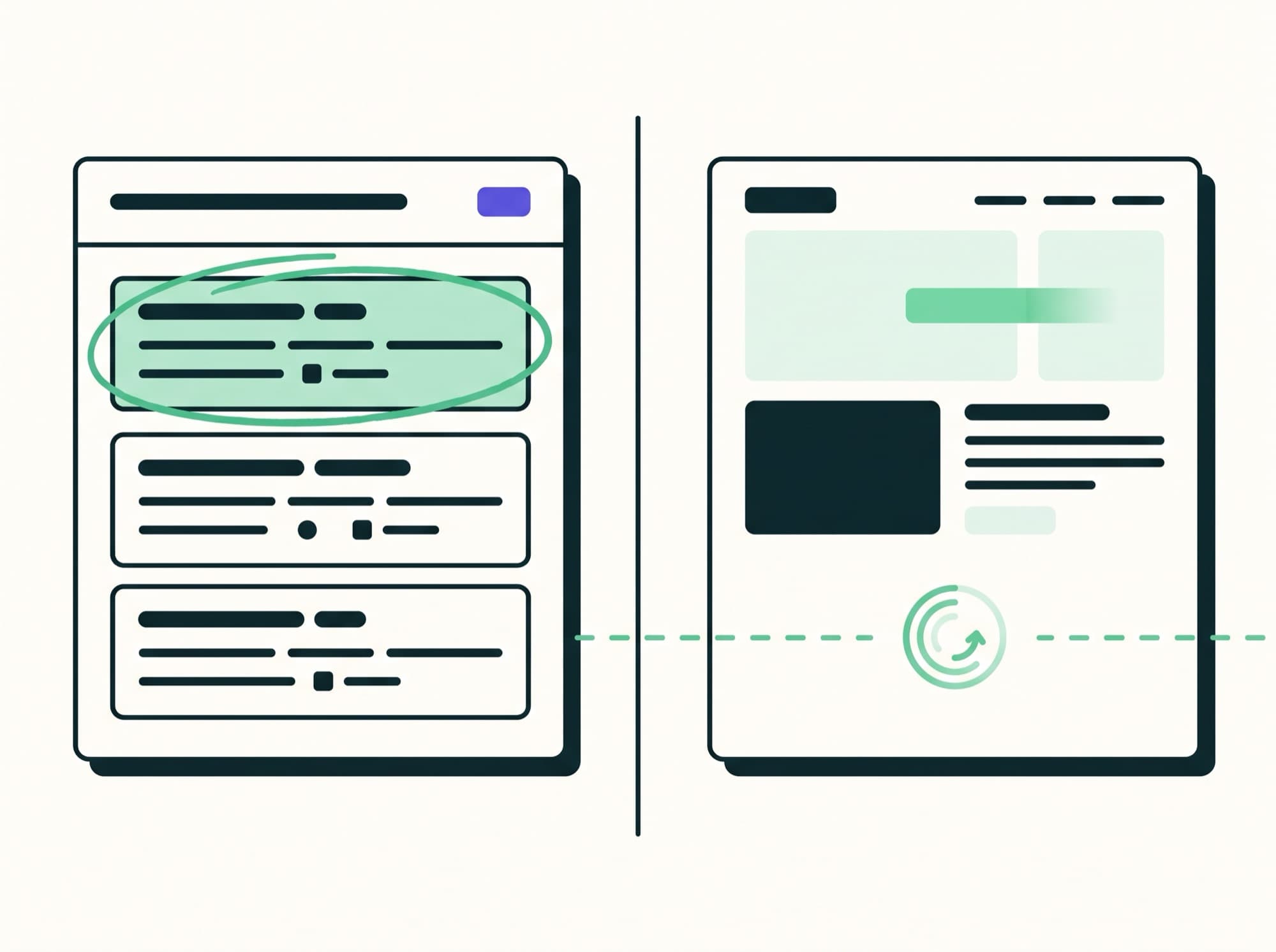 An AI answer panel fully rendered while a website wireframe is still a loading skeleton