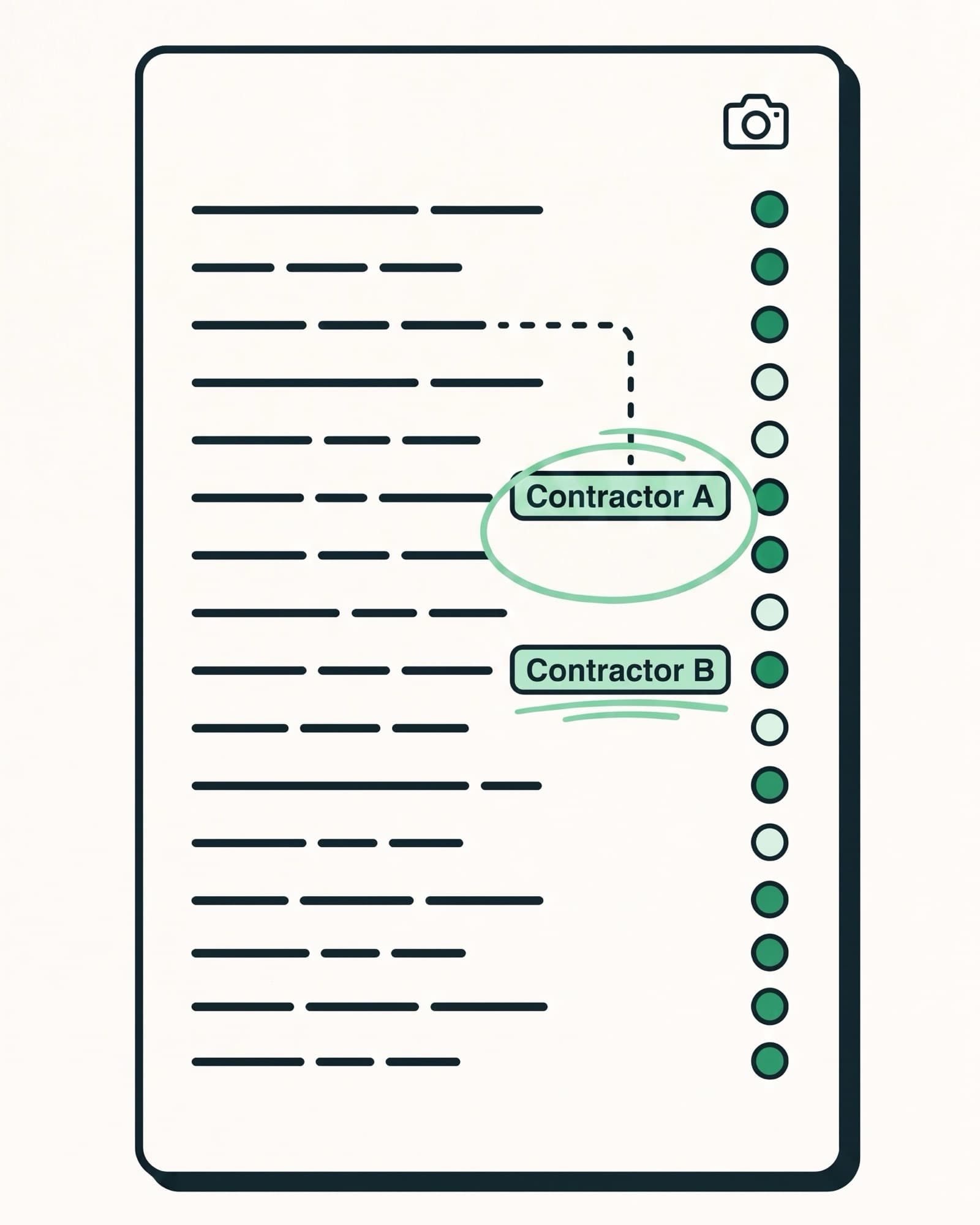 The monthly proof report: twenty question rows with recommended and not recommended markers, Contractor A and Contractor B chips, and a screenshot icon