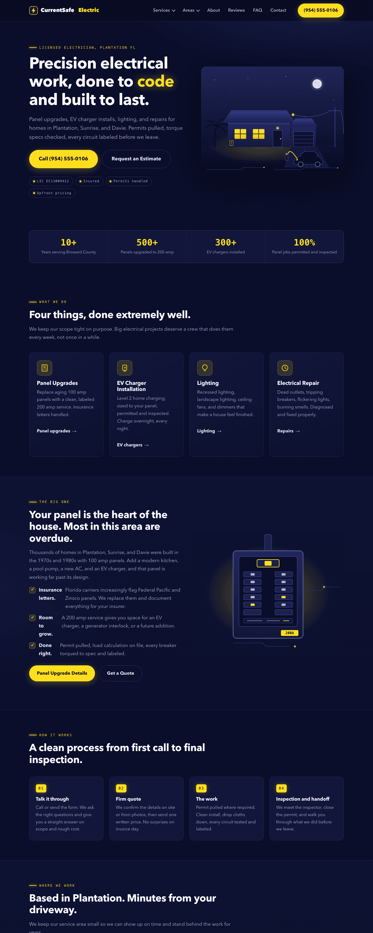 Full-page screenshot of the Growth-tier demo build for a fictional electrician business in Plantation, FL