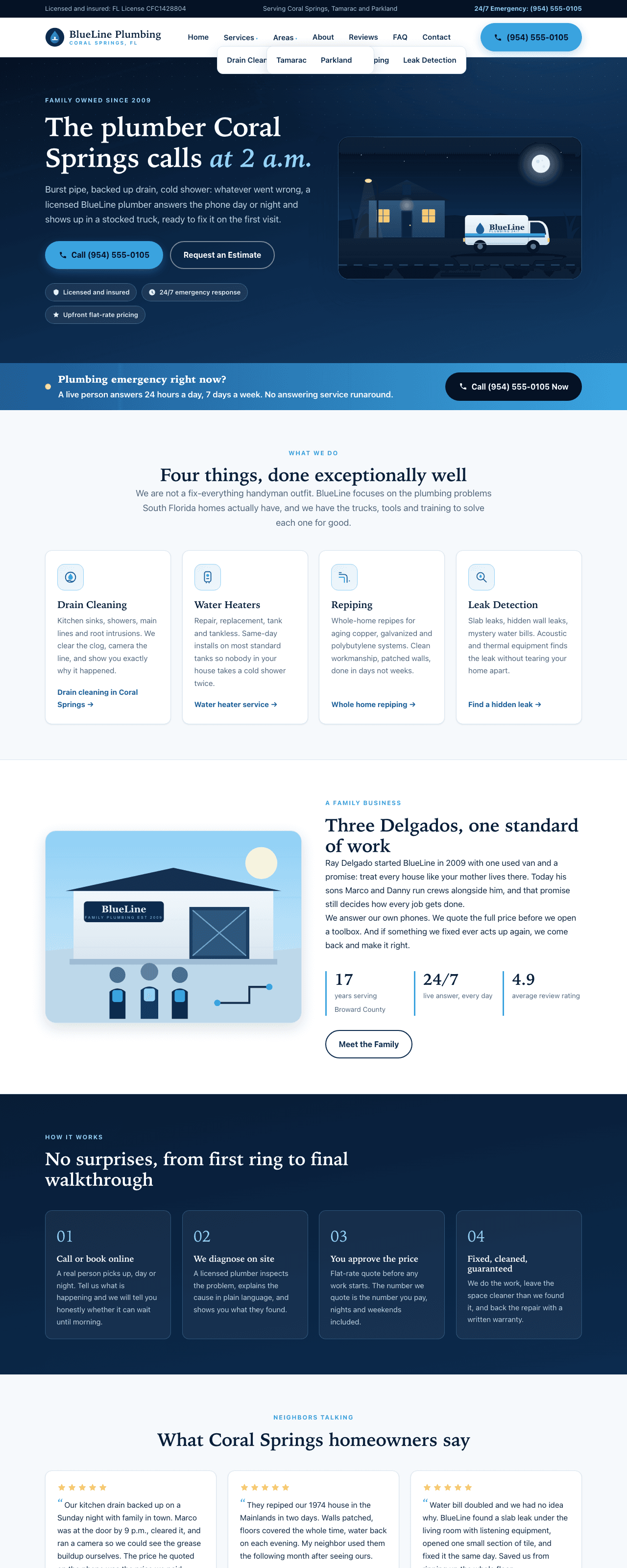 Full-page screenshot of the Growth-tier demo build for a fictional plumbing business in Coral Springs, FL