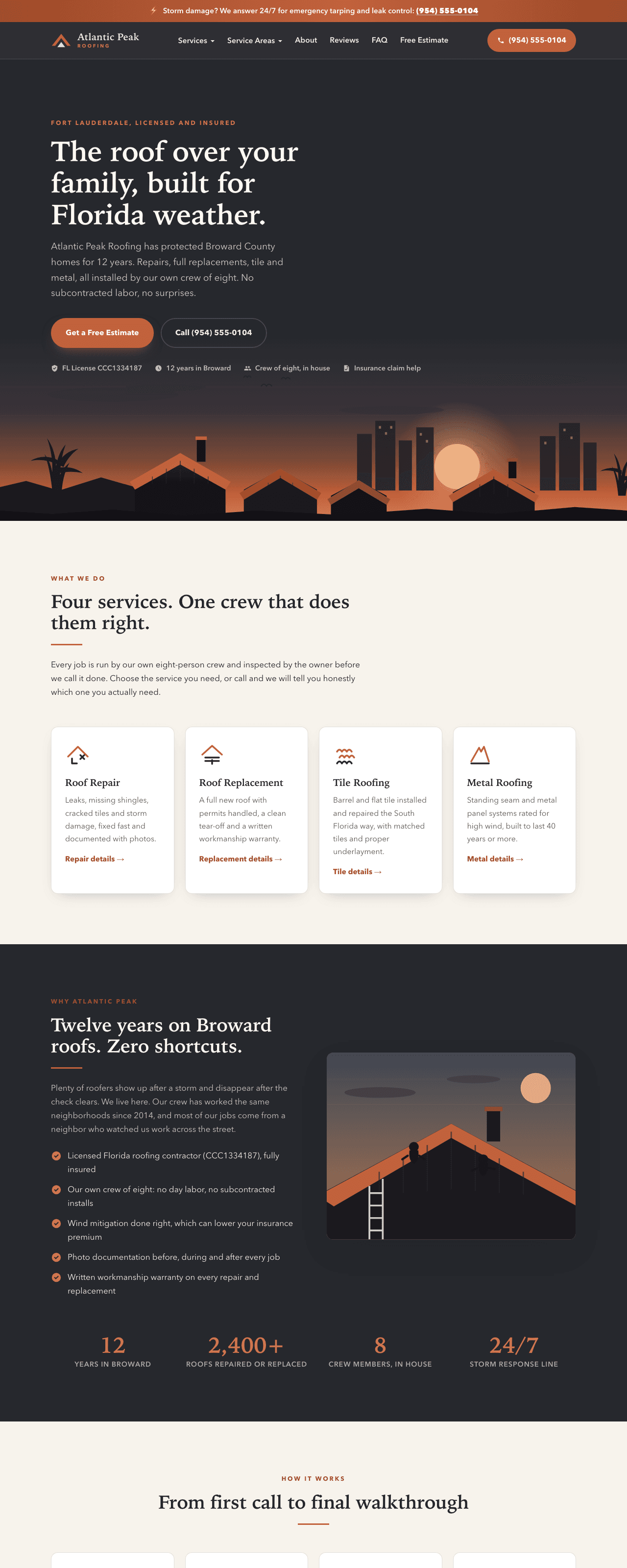 Full-page screenshot of the Growth-tier demo build for a fictional roofing business in Fort Lauderdale, FL