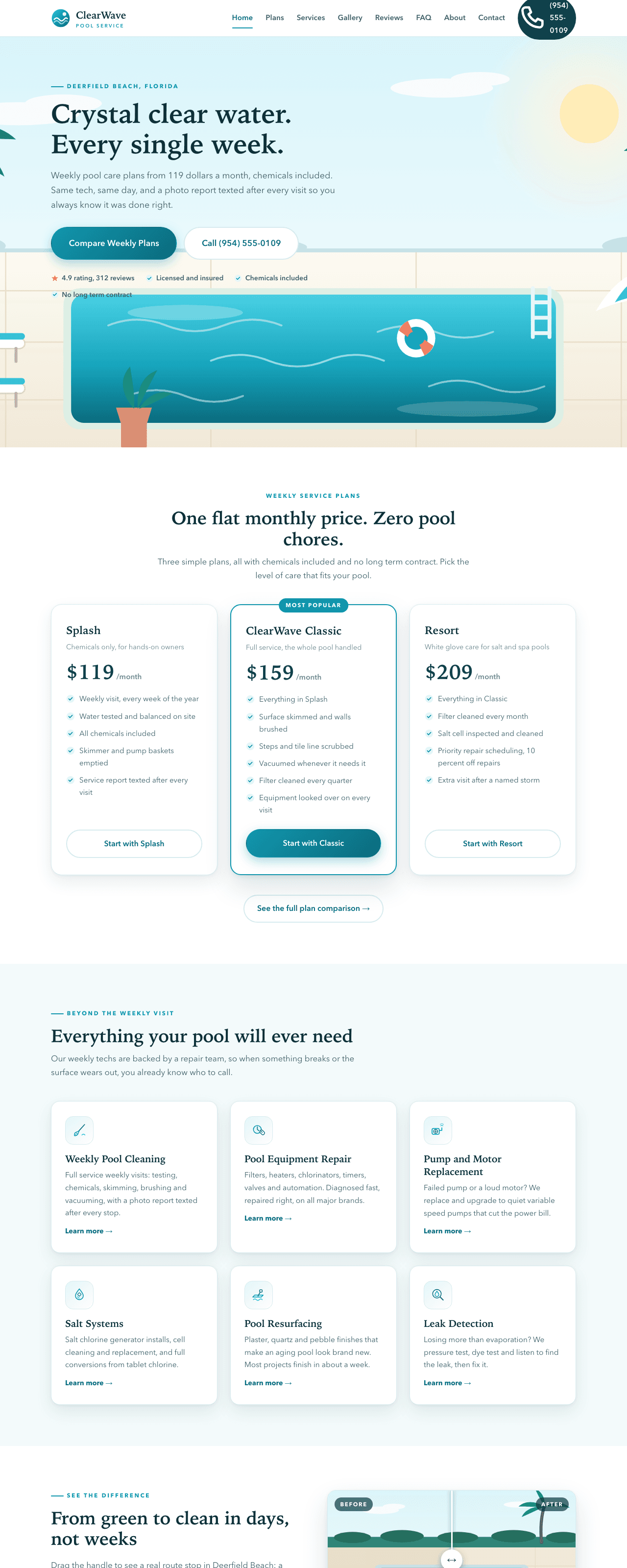 Full-page screenshot of the Growth-tier demo build for a fictional pool service business in Deerfield Beach, FL