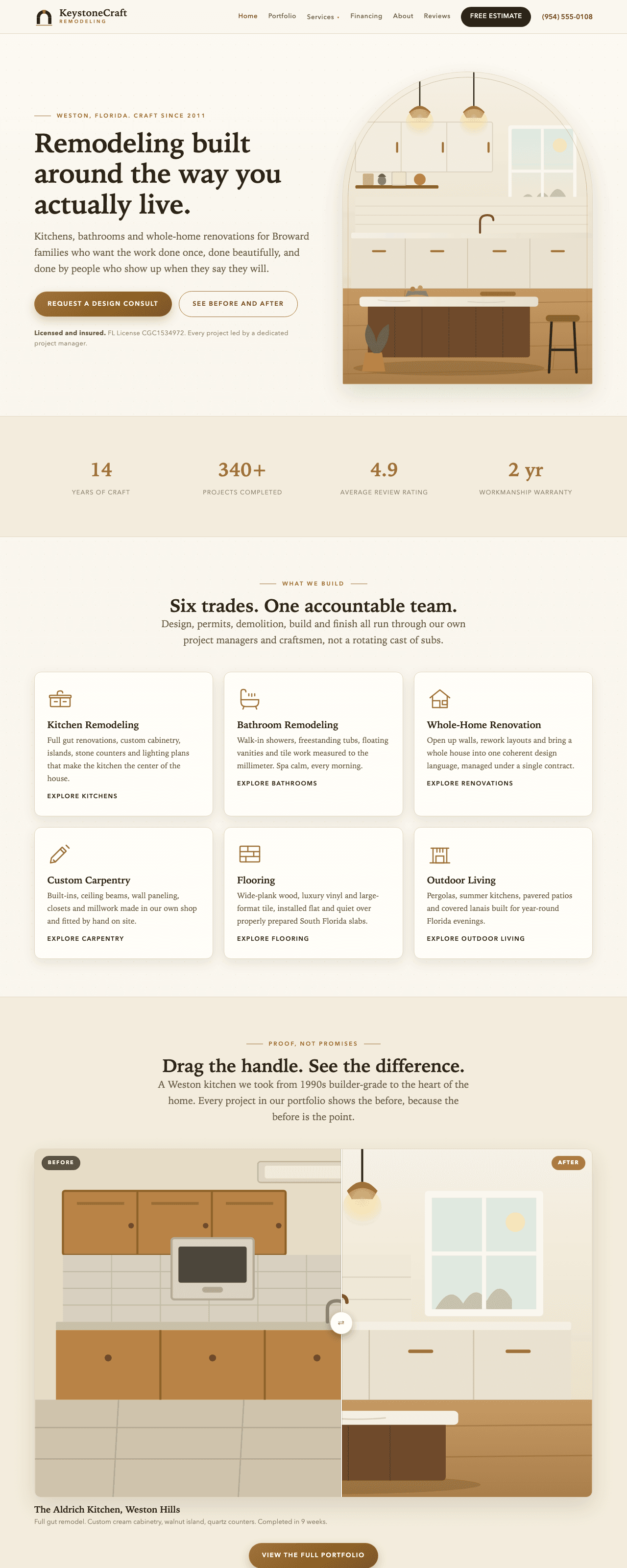 Full-page screenshot of the Growth-tier demo build for a fictional remodeling business in Weston, FL