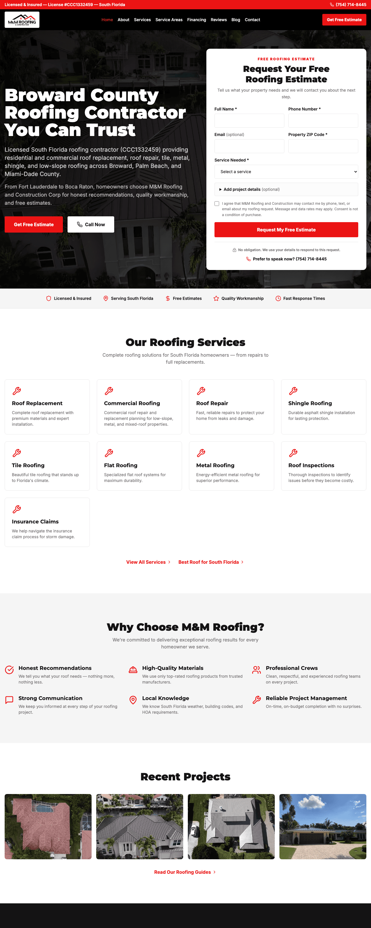 Full-page screenshot of the M&M Roofing & Construction website we built