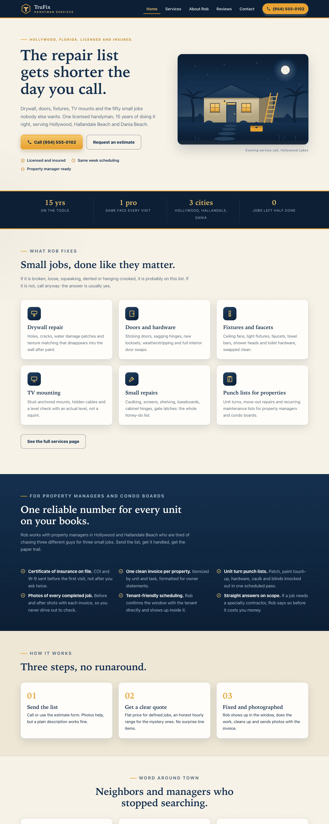 Full-page screenshot of the Presence-tier demo build for a fictional handyman business in Hollywood, FL