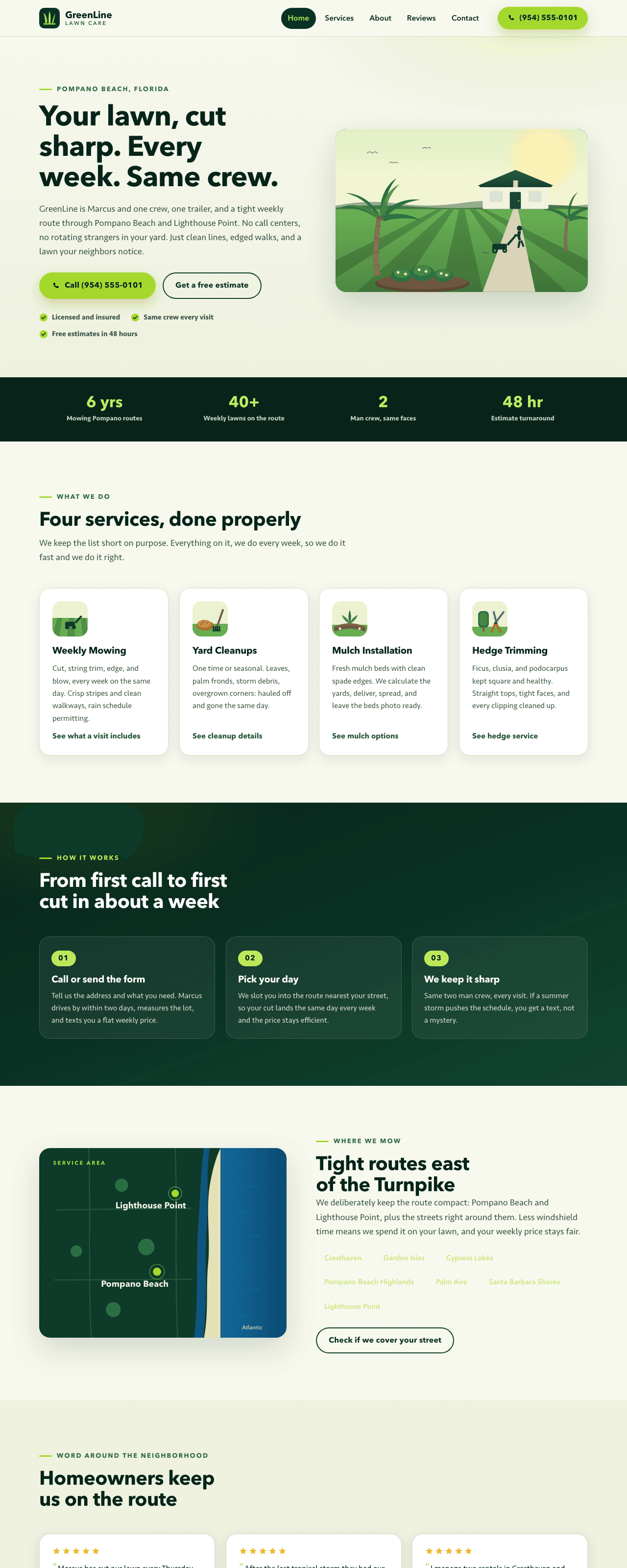 Full-page screenshot of the Presence-tier demo build for a fictional lawn care business in Pompano Beach, FL